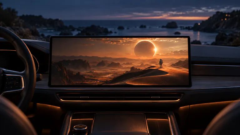 A movie playing on a widescreen car display in a parked car overlooking the coast at dusk